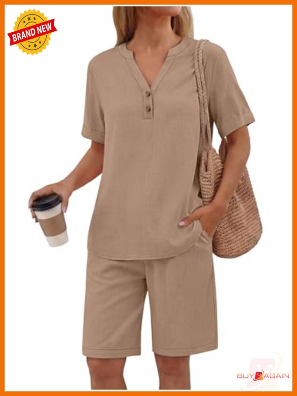 Linen Lounge Set Henley Button Down Short Sleeve Pajama Shorts Set 2 Piece